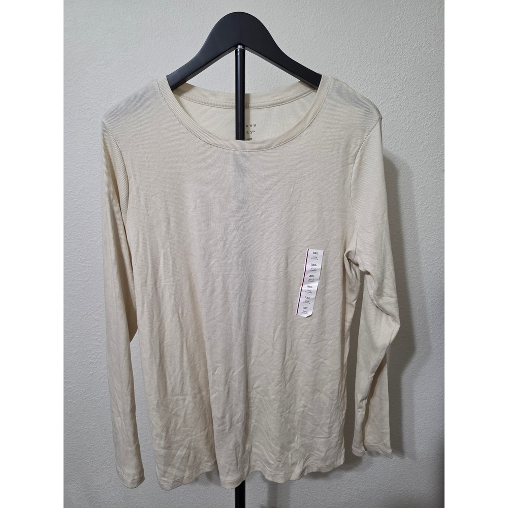 A New Day Cream Ribbed Long Sleeve Crewneck T-Shirt XXL Off White Cotton Blend